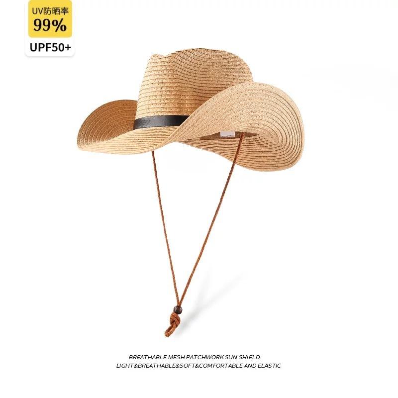 Straw Men's & Women's Adjustable Wide-Brim UV-Protective Cowboy Hat for Outdoor Hiking Summer