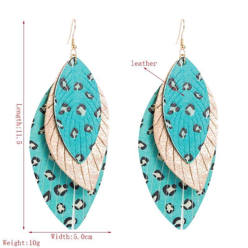 Women Leopard Print Drop Earrings Titanium Steel Leaf Shape Multi-layer PU Leather Bohemia Ear Ornaments