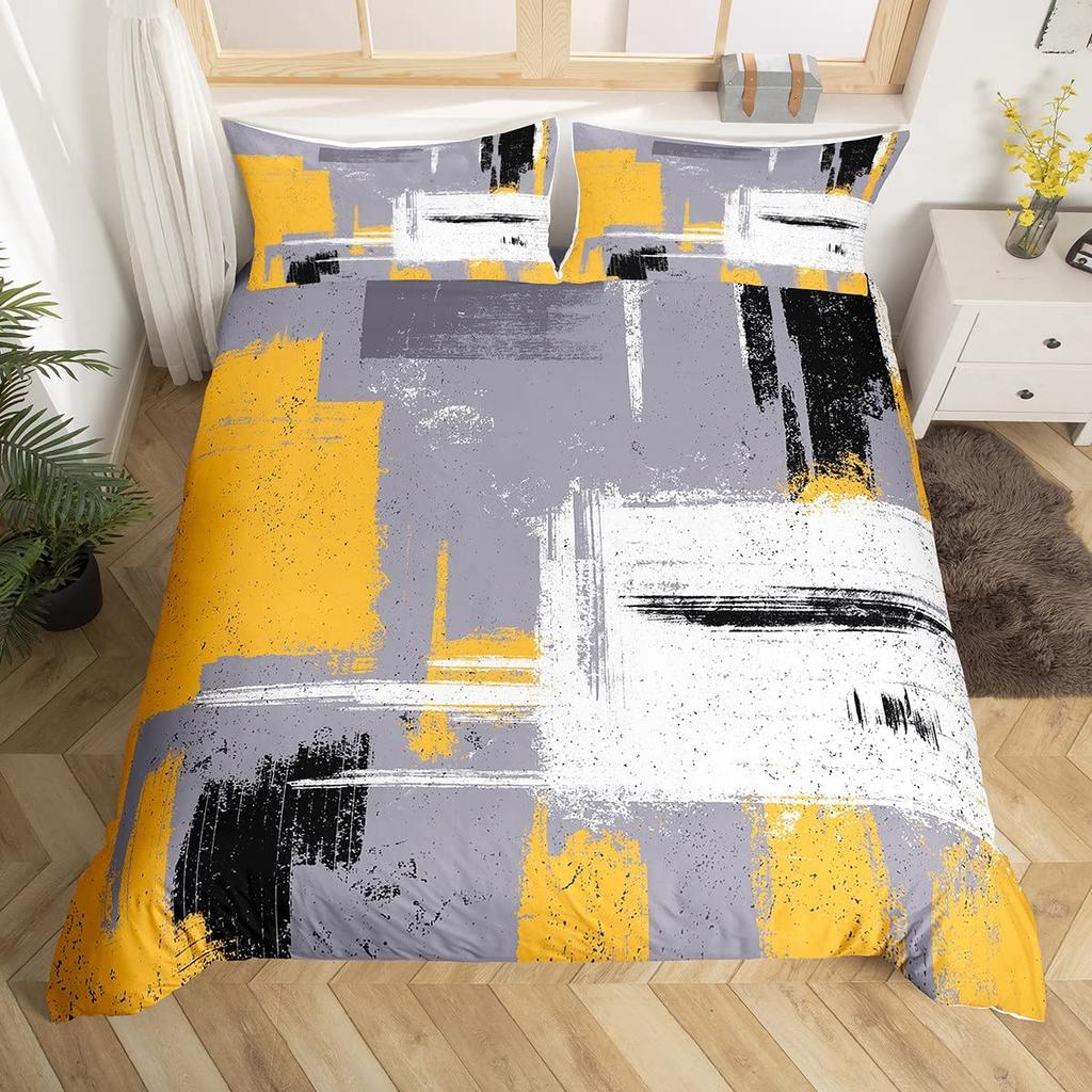 Yellow And Grey Themed Duvet Cover Sets Queen Lightweight Down Quilt Covers Bedroom Decor Abstract Art Bedspread Covers No Quilt