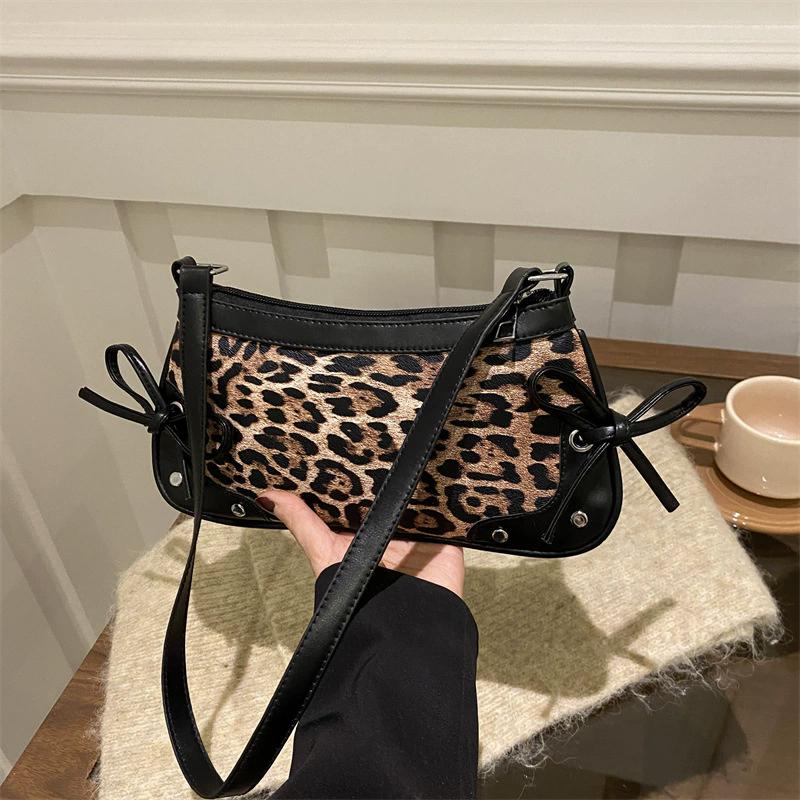 Women's Splicing Leopard Pattern Retro Bow Crossbody Bag New Trendy Fashion PU Leather Single Shoulder Underarm Small Square Bag