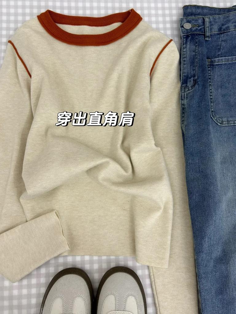 2025 spring niche contrasting color round neck inner top feminine temperament slim-fitting versatile soft waxy knitted sweater bottoming shirt