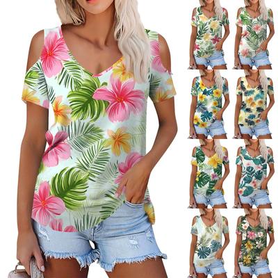 Women's Summer Fashion Casual Floral Printed Strapless V-Neck Short Sleeve T-Shirt Top