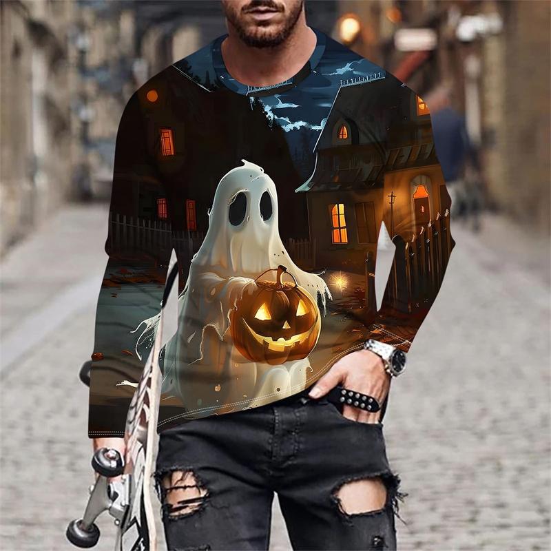 Autumn Round Neck Halloween Ghost and Pumpkin Pattern 3D Printed Top Fashionable Casual Long Sleeved Men's T-shirts