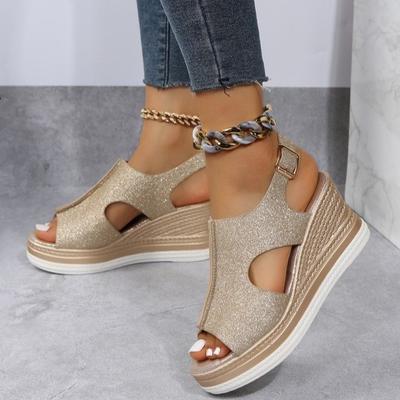 2024 New Women's Casual Wedge Sandals Comfy Open Toe Glitter Color Golden Women's Summer High-heeled Sandals Sandalias De Mujer