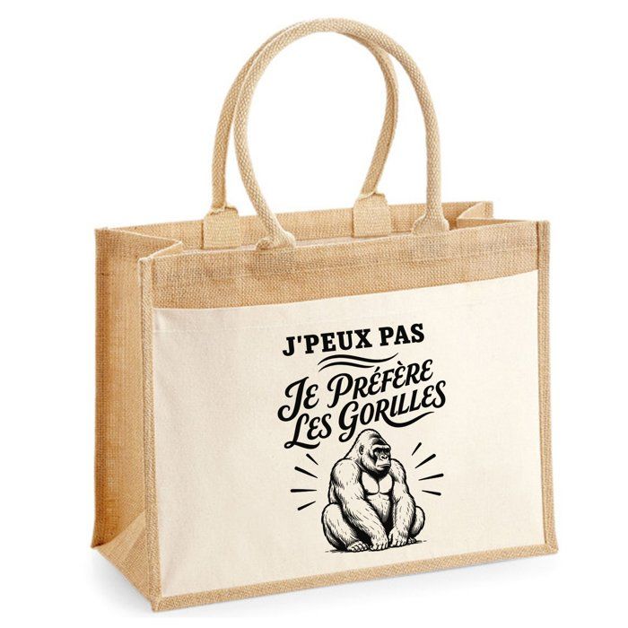 Sac cabas - PLANETEE - J'peux pas je préfère les Gorilles - Jute & coton - 21 L - Illustration trait noir