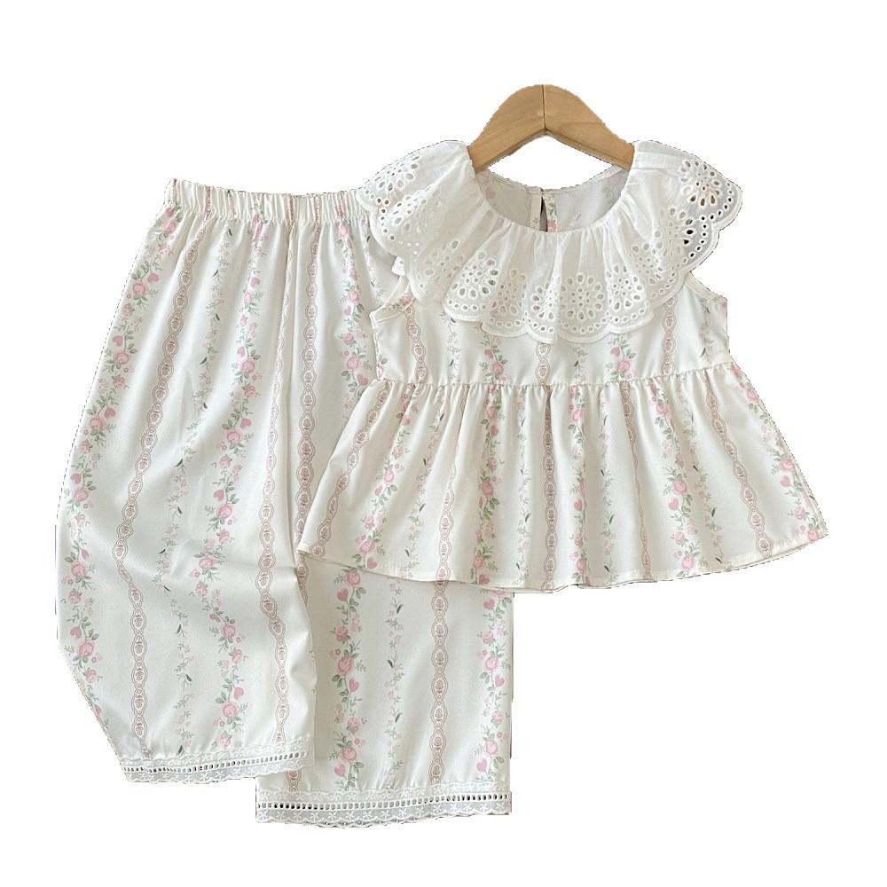 Girls' Floral Lace Collar Vest & Wide Leg Pants Summer Set - Stylish Children's Clothing