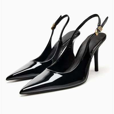 Metal Buckle Straps Patent Leather High Heels Women Sexy Pointed-Toe Slingback Pumps Elegant Black Heeled Sandals for Ladies