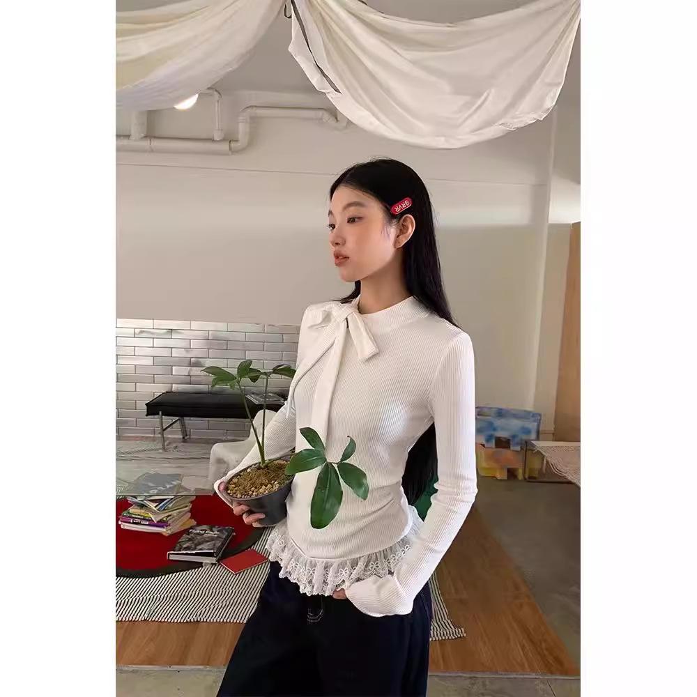 Autumn Lace Bow-Tie Long-Sleeve Slim Fit Top - Sexy Pure Desire