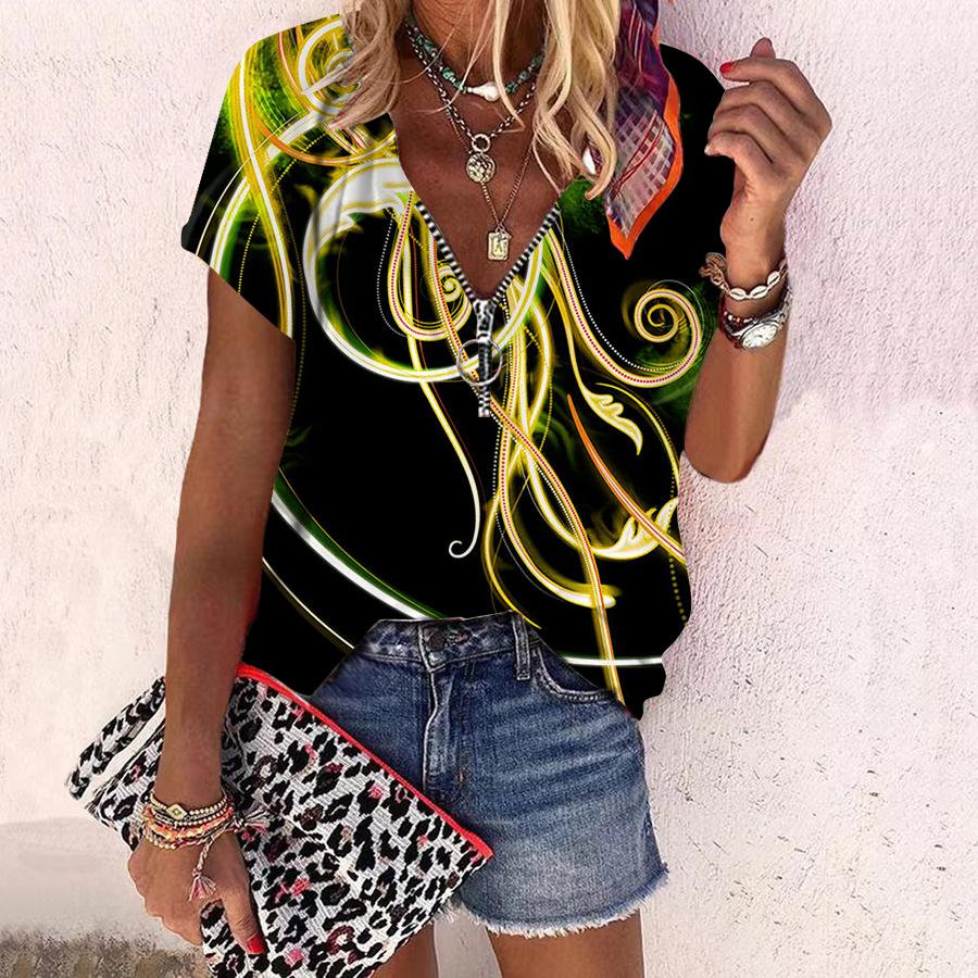 Women's Top Summer New Fashion Rose Flower Blue Light Printed Casual Zipper V-neck Short Sleeve Top