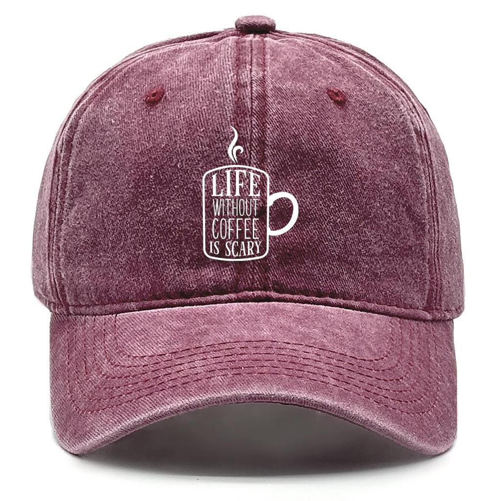 LIFE WITHOUT COFFEE IS SCARY" Print Adjustable Baseball Cap, Flat Cap Breathable Headwear Curved Brim Inelastic Snapback Baseball Hat