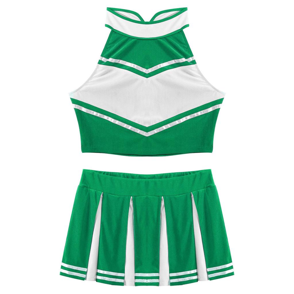 Frauen Erwachsene Cheerleading Uniform Cosplay Kostüm Ärmelloses Crop Top mit Falten Rock Outfits