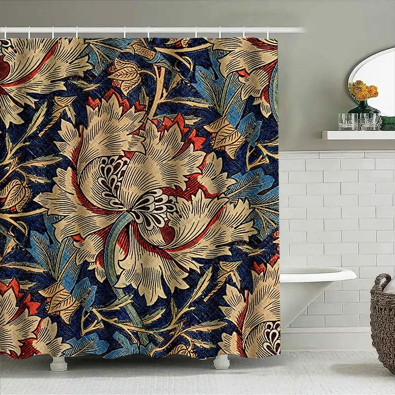 Vintage Badezimmerteppich Duschvorhang Floral Dekorative Badezimmeraccessoires Für Heimdekoration Blau Rot Weiß Gold Grün Schwarz Design
