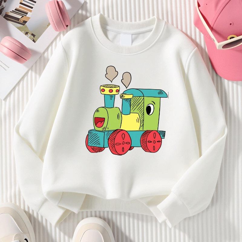 Kids Crewneck Sweatshirt, Colorful Toy Train Engine Graphic Print,Spring Autumn Casual Sport Tops