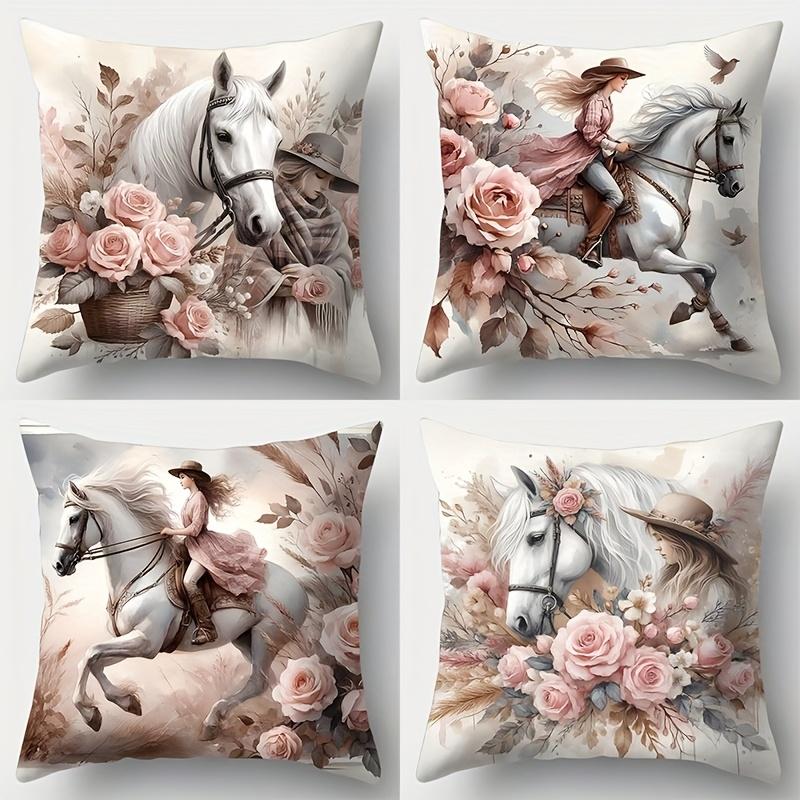 

4PCS Sofa Cushion Covers: Knight, White Horse & Rose Print, Single-Sided Design, Home Decor, Lumbar Support Pillow Cases 35x35cm 4pcs