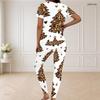 Women Plus Size V Neck Short Sleeve Leopard Christmas Tree Print White Pajama Set