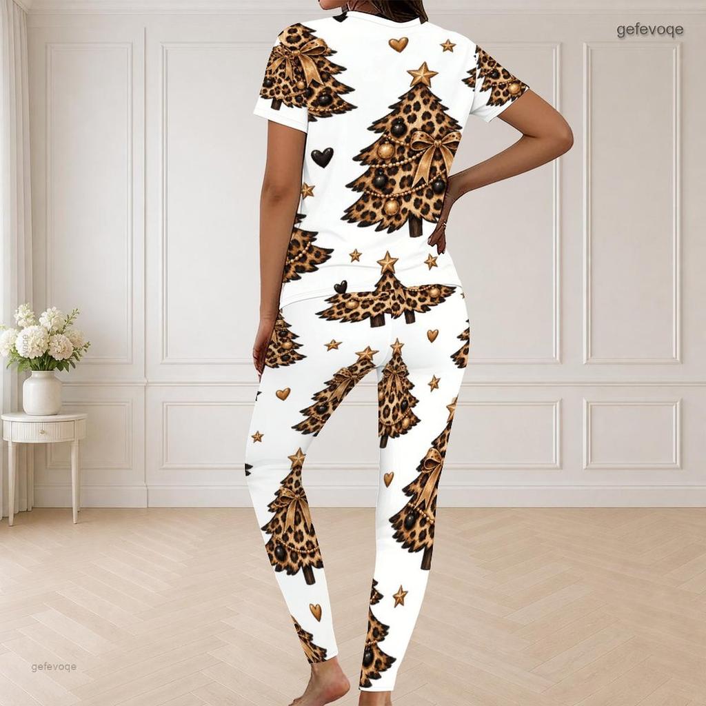 Women Plus Size V Neck Short Sleeve Leopard Christmas Tree Print White Pajama Set