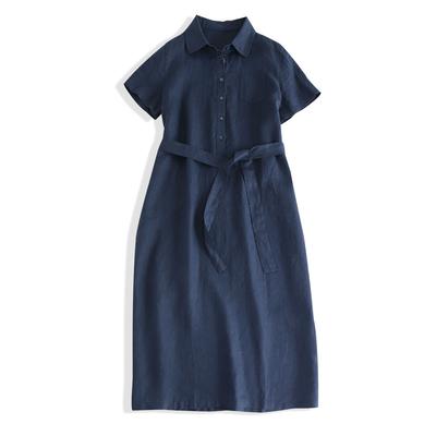 2025 Summer New Cotton and Linen Lapel Short-sleeved Dress Loose A-shaped Long Strap Solid Color Shirt Skirt, Women