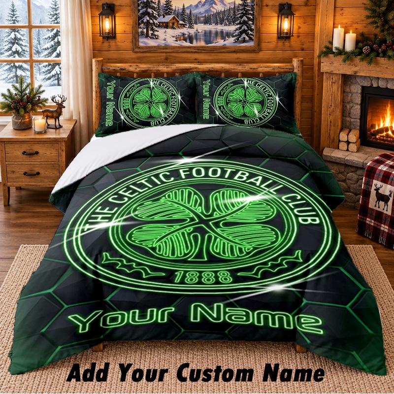 Celtic FC Pattern Bedding 3Pcs Set Custom Name, Bed Sheet And Pillowcases For Home Bedroom