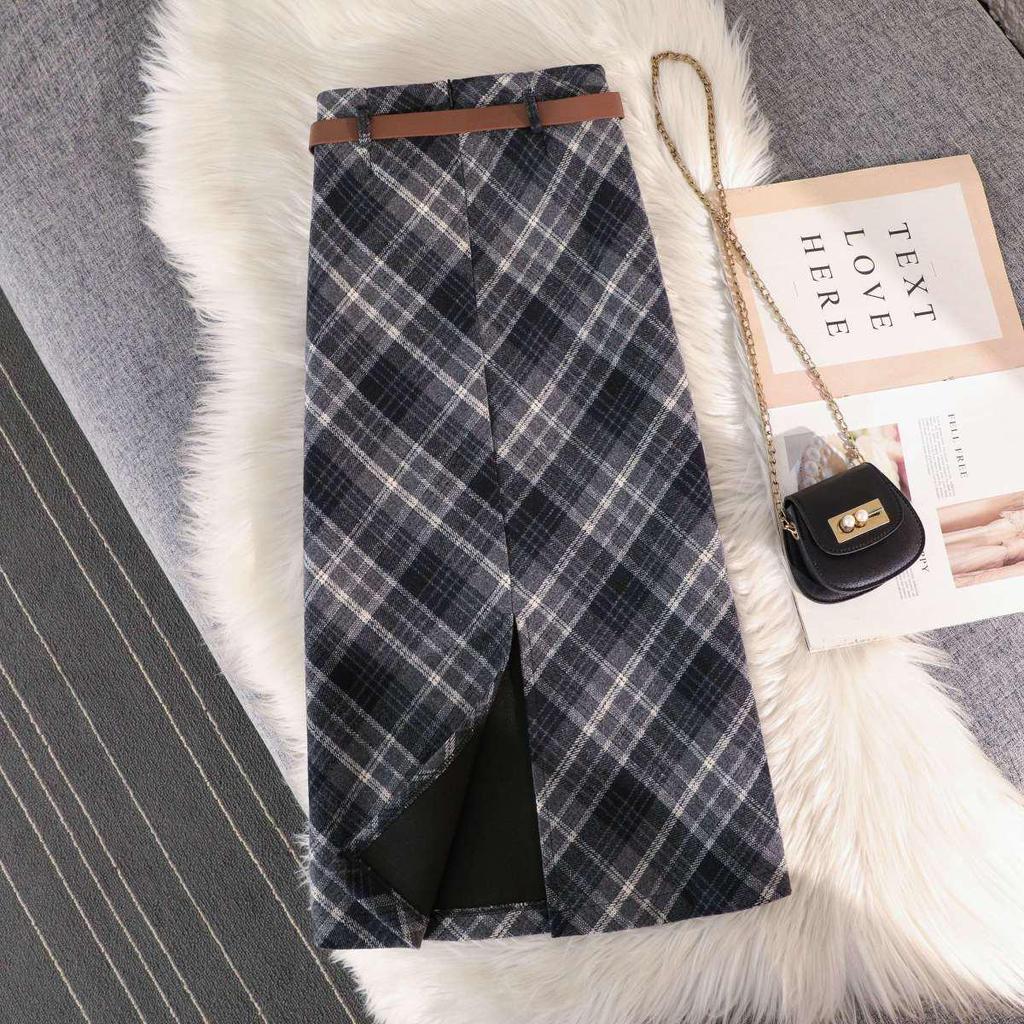 Women's Retro Plaid Wool Midi Skirt - High Waist, Slimming, A-Line, with Slit for Autumn/Winter