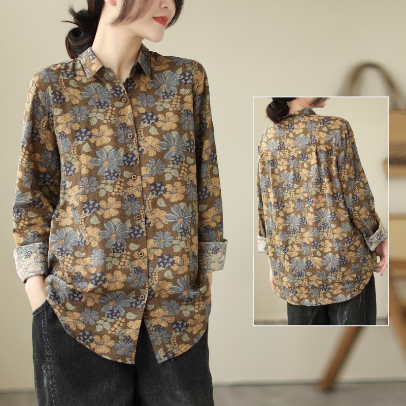 1116 Early Autumn New Literary and Retro Printing Cotton and Linen Long-sleeved Shirt Women's Autumn Loose Mother Shirt