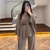 Abbigliamento donna europeo e americano transfrontaliero Amazon sexy scollo rotondo cintura casual manica lunga semplice pantaloni a gamba larga set
