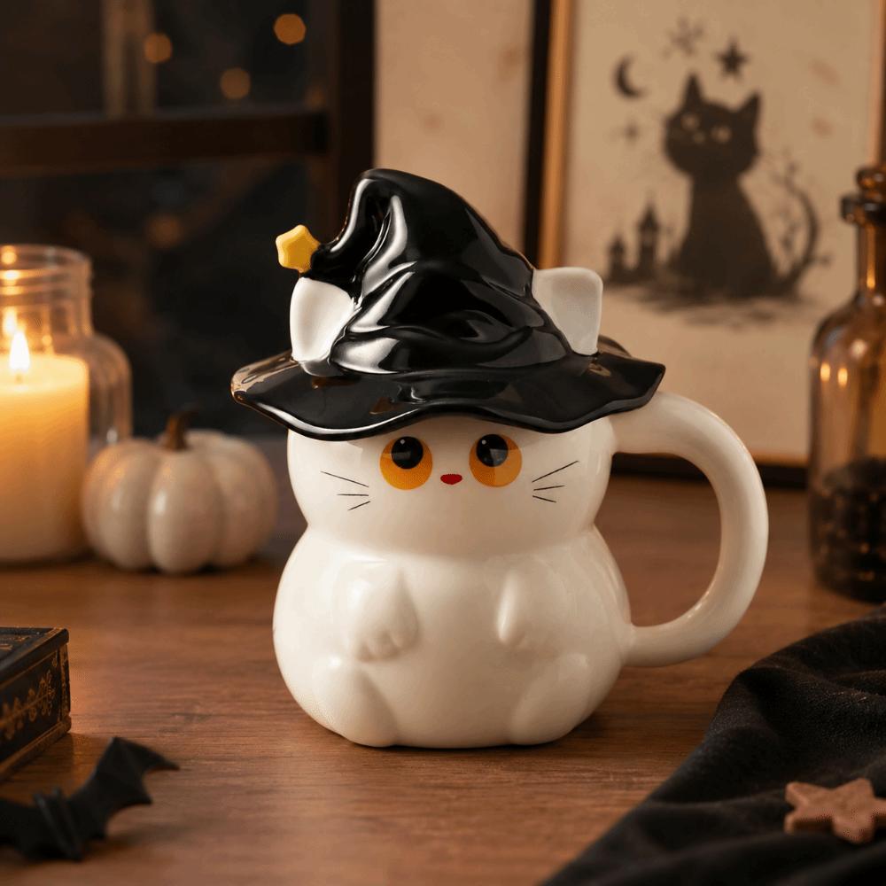 with Lid Ceramic Ghost Cat Mug Creative Milk Cup Magic Hat Cartoon Cat Mug Breakfast Mug