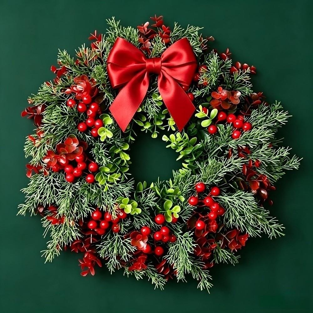 Realistic Design Christmas Wreath Velvet Bow Faux Greenery Wreath  Indoor Decor