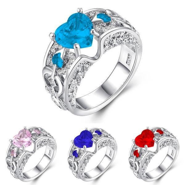 Elegant Women Ladies Rhinestone Princess Heart Shape Jewelry Wedding Ring