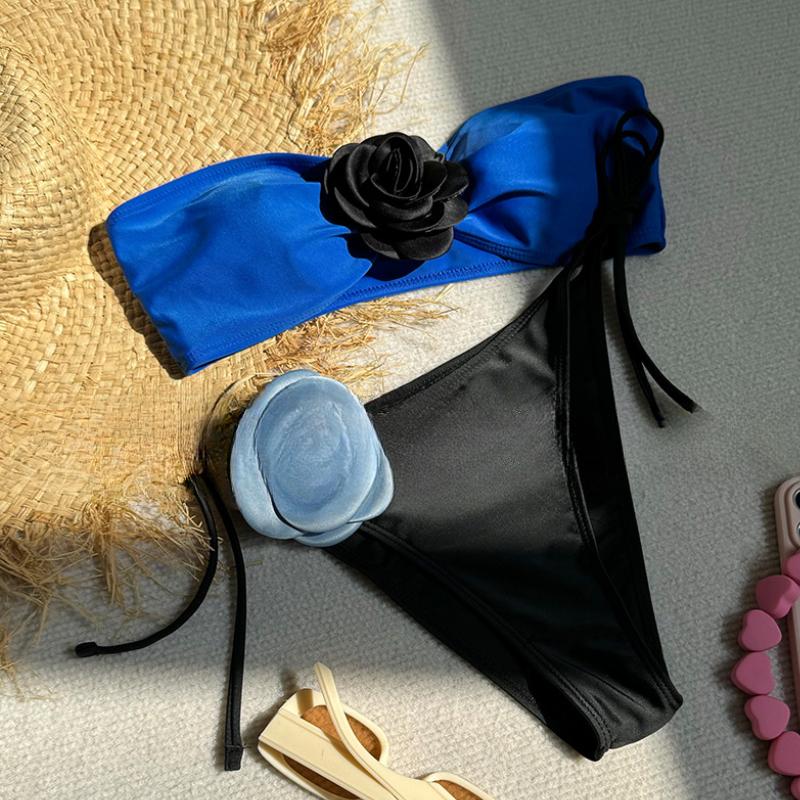 Sexy 3D Flower Strapless Bandeau Bikini Women Swimwear Female Swimsuit Two-pieces Bikini Set High Cut Bathing Suit Swim Lady
