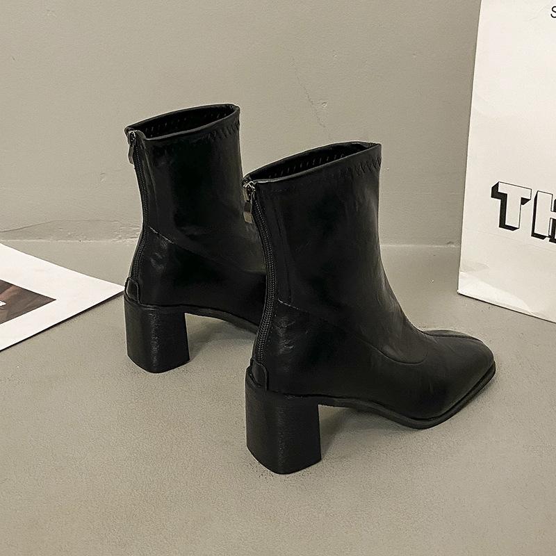 Korean Minimalist Thick Heel Thin Boots 2025 Autumn and Winter New Square Head Rear Zipper High Heel Short Boots Women's Soft Leather Single Boots