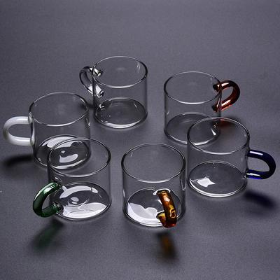 Hitzebeständige Borosilikatglas-Tasse mit farbigem Griff Niedlicher Ständer Kleines Tassenset Kaffee und Tee Haushalts-Wassergläser 6 Stück