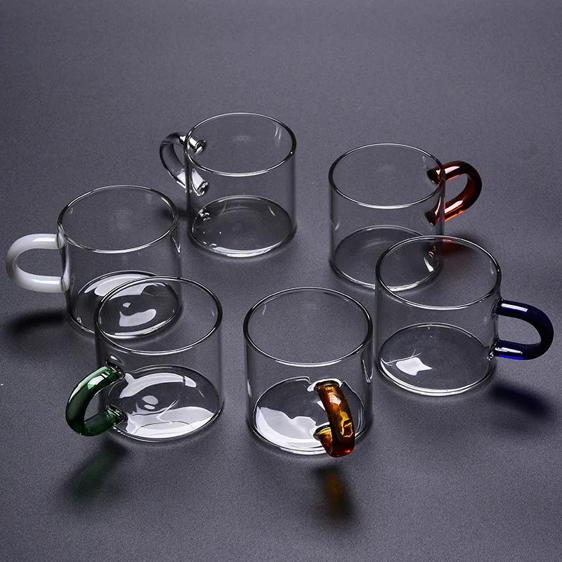 

Heat-Resistant Borosilicate Glass Mug with Colored Handle Cute Stand Small Cup Set Coffee and Tea Home Water Glasses 6PCs 100ml
