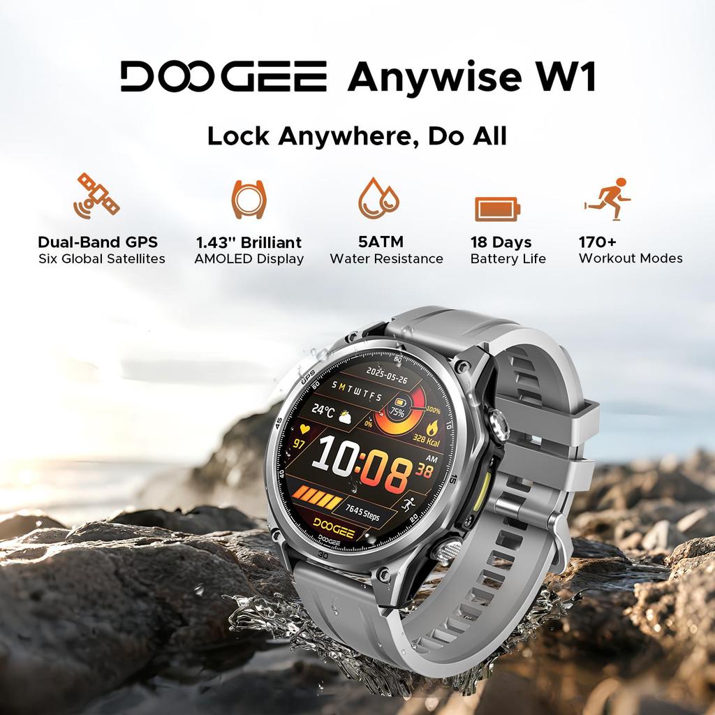 DOOGEE Anywise W1 Smart Watch, AI, 5ATM Water Resistant GPS Fitness Tracker, 1.43" AMOLED Screen, 12 Days Battery, for Android and iPhone