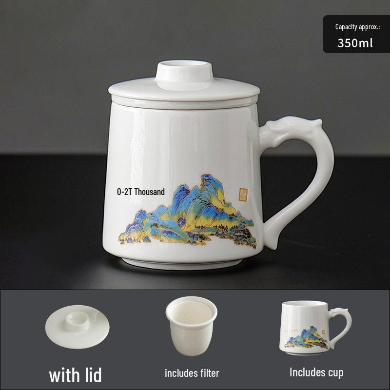 Jade White Porcelain Tea Cup with Water Separator - Large Capacity, Personal Use, High-End Office Mug for Tea Brewing