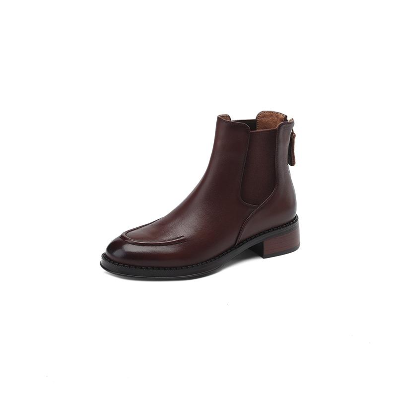 Vintage Office Lady Genuine Leather Women Ankle Boots Autumn Winter Retro Style Back Zipper Thick Heels Shoes Woman 2024 New