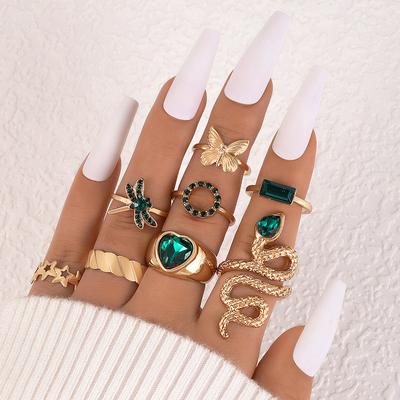 Juego de 8 anillos de mariposa verde con forma de estrella, juego de anillos de circonita con forma de libélula y serpiente en forma de corazón para mujer, el mejor regalo para amigos