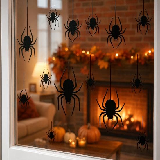 Web Window Sticker Halloween Spider Static Cling, Black Silhouette Glass Wall Sticker, No Residue Self-Adhesive Decorations Spooky Decal, Decor