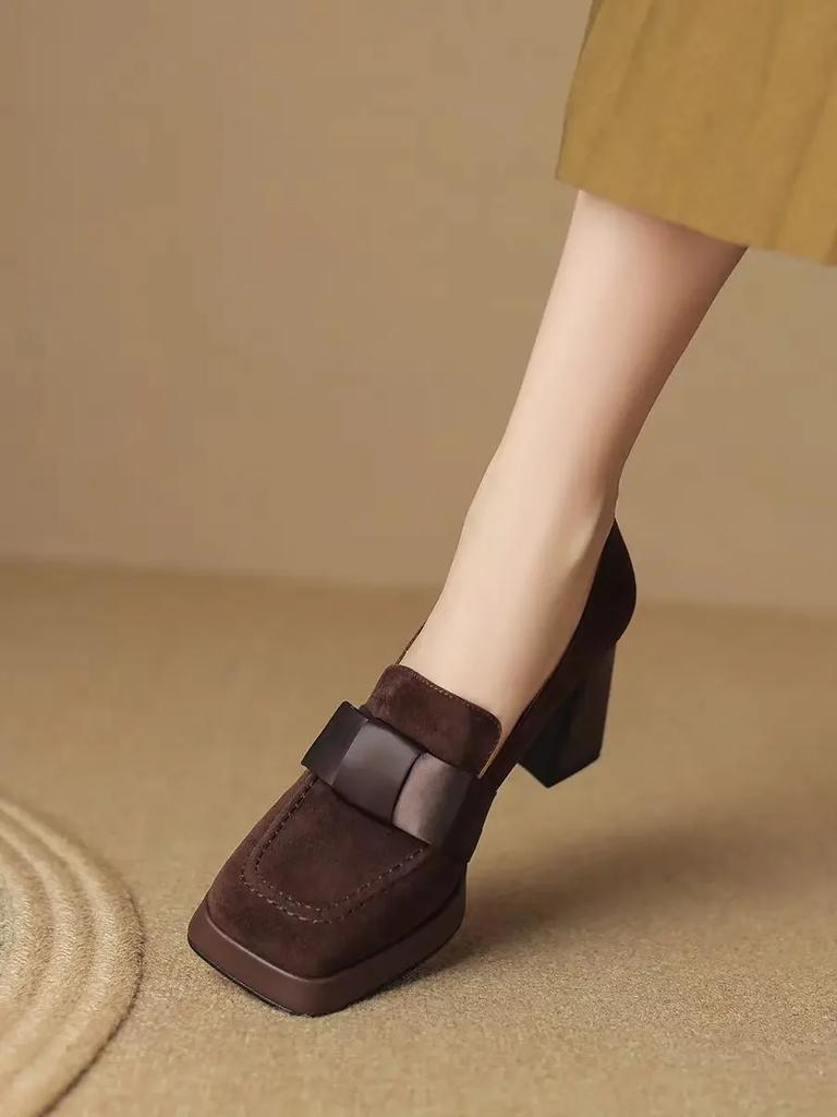 Women High 2025 New Heels Fashion Bow Dress Loafers Female Platform Heels Leather Shoes Mary Jane Retro  Women Shoes Solid Color