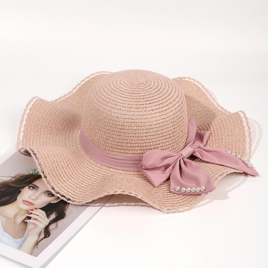 Straw Hat Female Summer Waves Along Big Bow Sunshade Sunscreen Travel Beach Hat Korean Version Holiday Face Covering Sun Hat