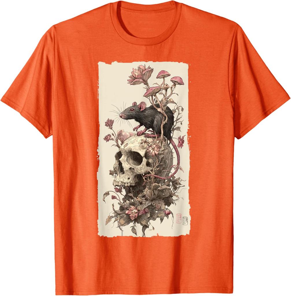 Gothic Rat Skull Mushroom Print Mens Casual Cotton Graphic Tee Soft Breathable TShirt