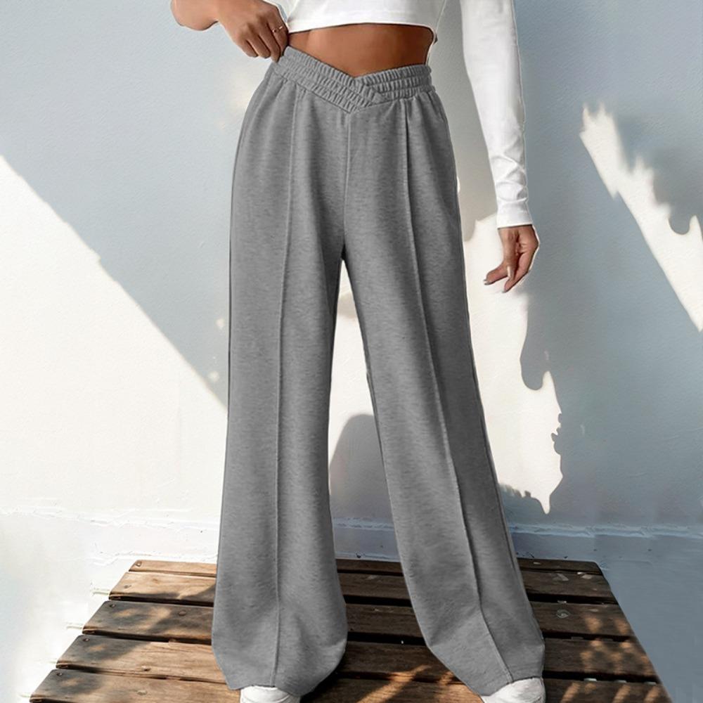 Women's Elastic V High Waist Wide Leg Pants Solid Color Casual Straight Long Trousers