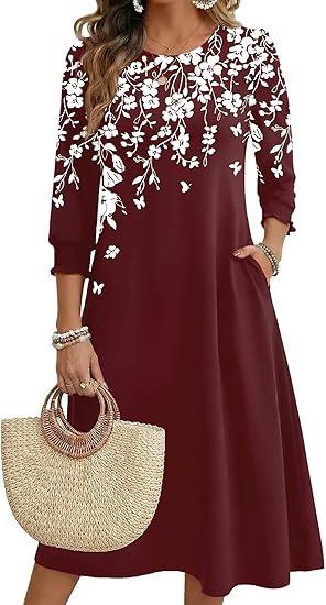 Women's Summer, Pocket Seven-Sleeve Floral Medium and Long Casual Dress