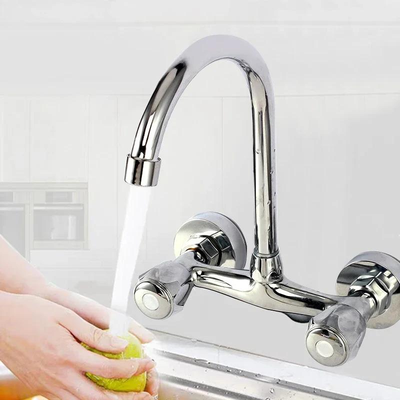 Kitchen Sink Faucet Wall Mounted Bathroom and Cold Water Tap Double Hole Tap Sink Water Faucet Household Kitchen Accessories