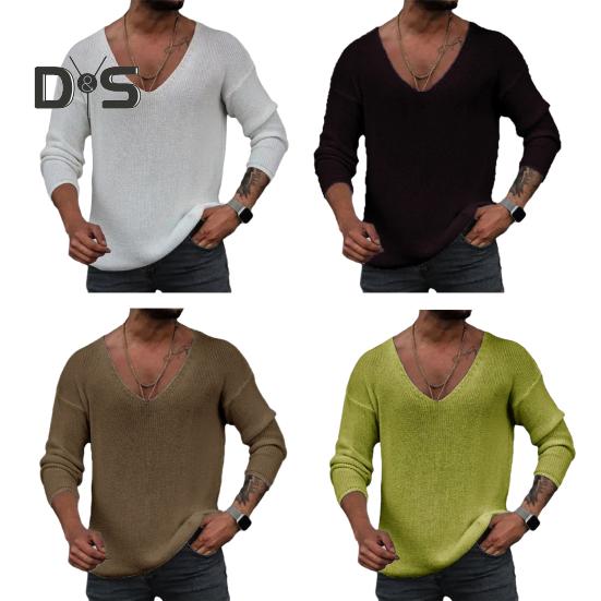 Men Spring Autumn V Neck Long Sleeve Sweater Loose Fit Solid Color Bottoming Pullover Tops Simple Casual Knitting Tee Tops