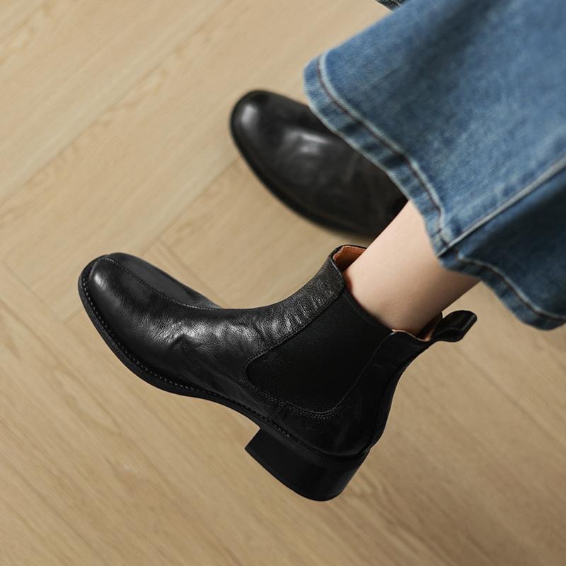 Fashion NEW Autumn Women Boots Genuine Leather Shoes for Women Round Toe Chunky Heel Shoes Slip-on Chelsea Boots Handmade Daily Shoes