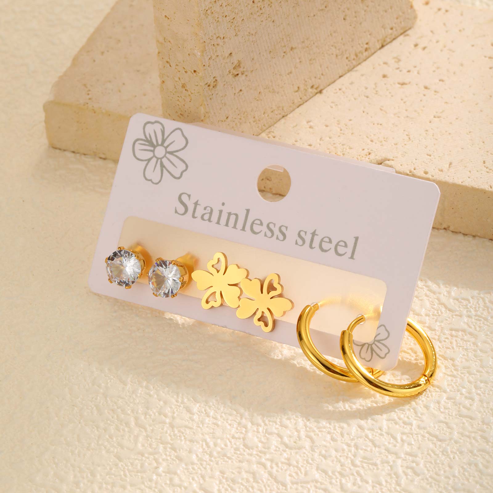 

3 Pairs Chic Zircon Flower Stud Earrings for Women,Gold Plated Geometric Stainless Steel Earrings,Trendy Set Jewelry Gifts
