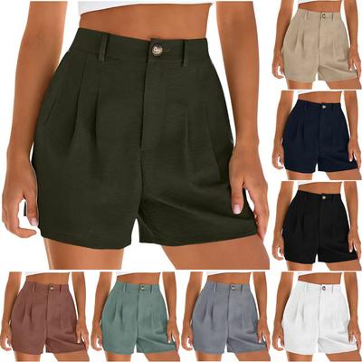 Pantalones Cortos Casuales de Color para Mujer con Cremallera Botón Bolsillos Plisados