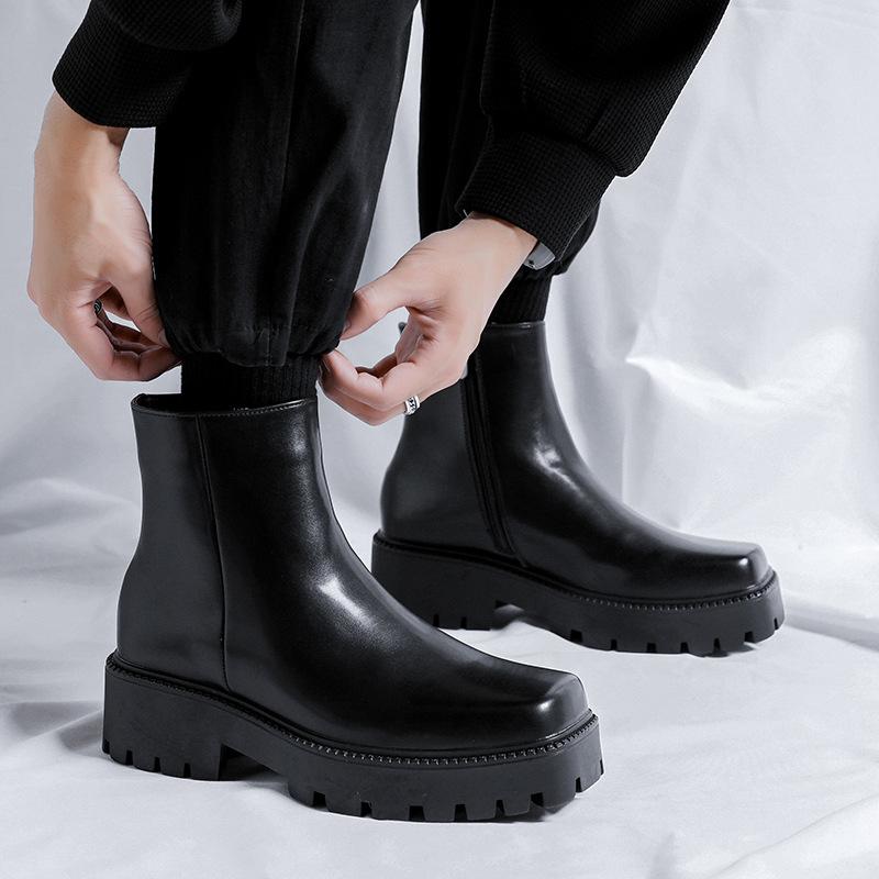 Mens Fashion Punk Rock Dress High Chelsea Boots Square Toe Platform Shoes Cowboy Original Leather Boot Handsome Motorcycle Botas