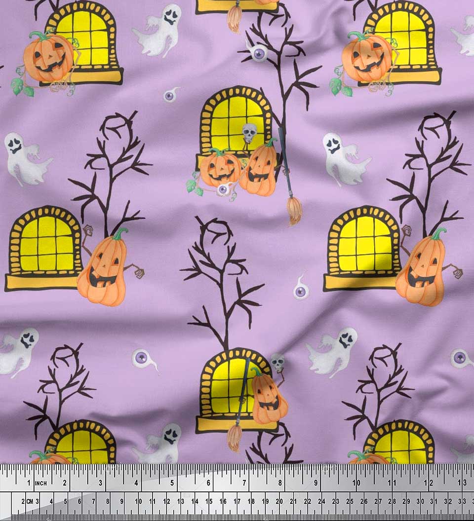 

Soimoi Japan Crepe Satin Fabric Haunted House,Pumpkin & Ghost Halloween Printed Fabric 1 metre 42 Inch 42 Inch Wide - Poly Crepe фіолетовий