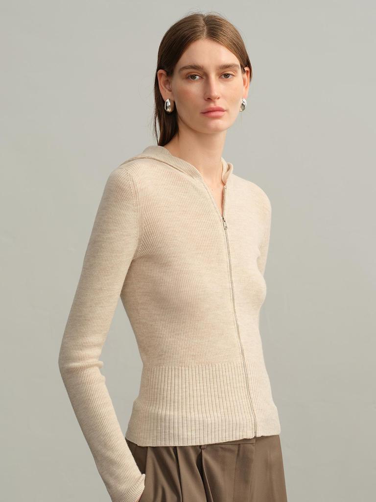Yangzi Pure Wool Hooded Zip-Up Cardigan – European & American Style, Women's Autumn/Winter Slim-Fit Knit Sweater, Long-Sleeved